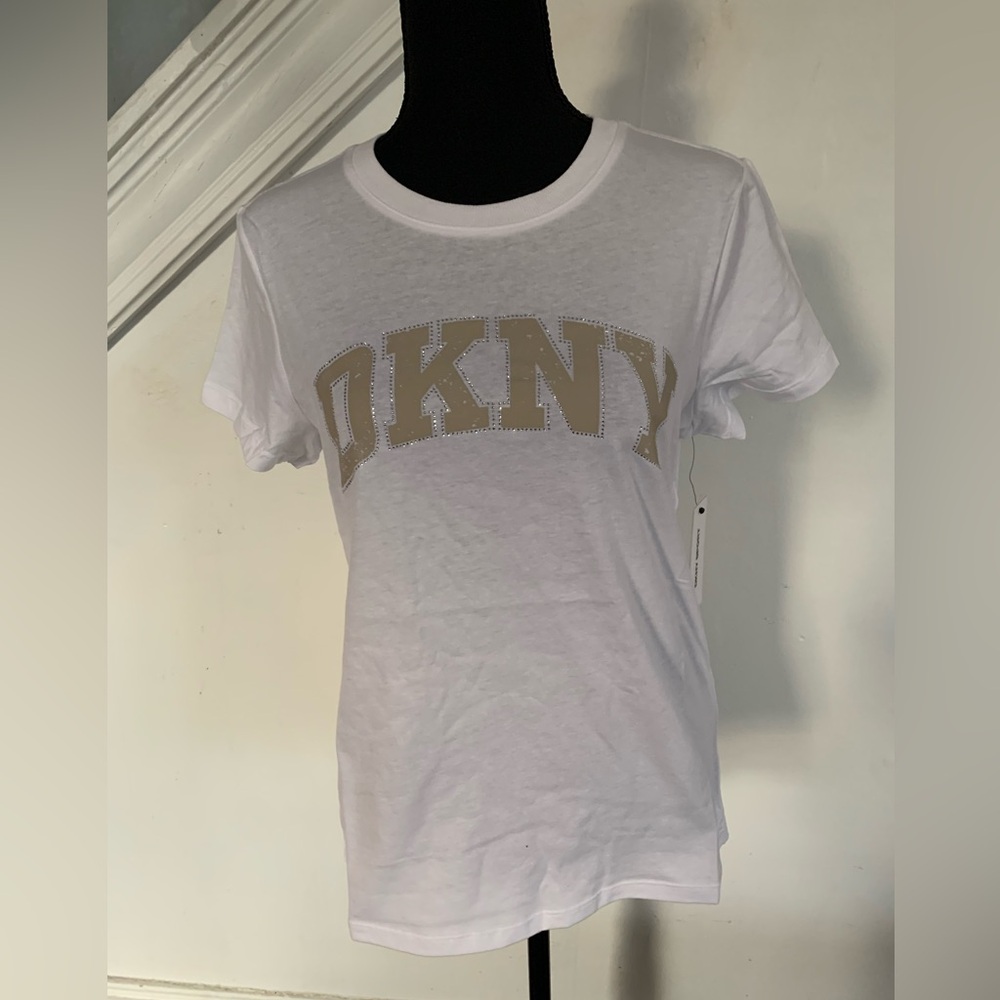 DKNY Beaded White Tee with Gold Logo